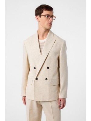 Antioch Ekru Relax Fit Keten Karışımlı Erkek Blazer Ceket
