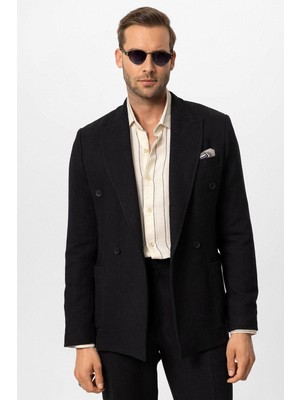 Antioch Siyah Kruvaze Kapama Keten Karışımlı Erkek Blazer Ceket