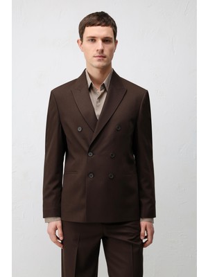 Antioch Koyu Kahve Kruvaze Relaxed Fit Erkek Blazer Ceket