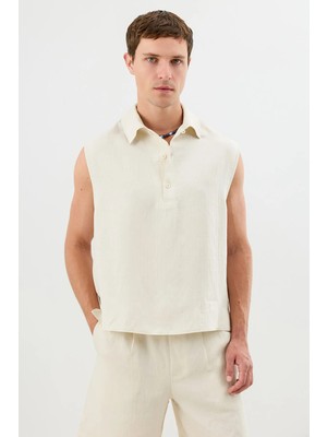 Antioch Krem Lyocell Karışımlı Crop Fit Kolsuz Erkek Gömlek