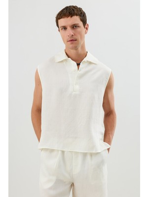 Antioch Ekru Lyocell Karışımlı Crop Fit Kolsuz Erkek Gömlek