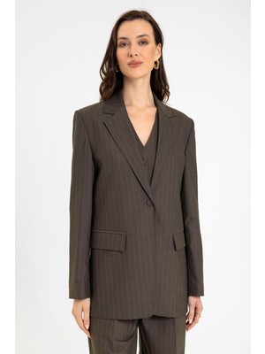 Antioch Kahve Kadın Tek Düğme Çizgili Blazer Ceket