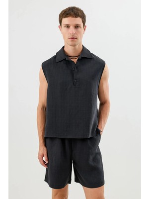Antioch Siyah Lyocell Karışımlı Crop Fit Kolsuz Erkek Gömlek