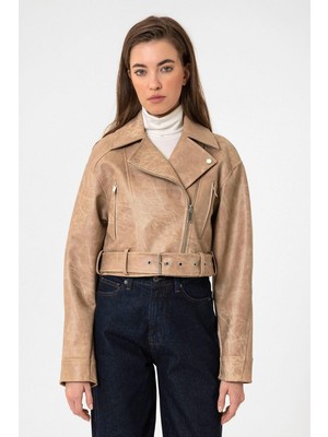 Antioch Bej Kadın Suni Deri Crop Biker Ceket