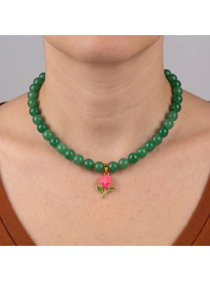Solfera Pembe Gül Çiçek Uçlu Yeşil Kristal Kuvars 8 mm Doğal Taş Kadın Kolye QD003
