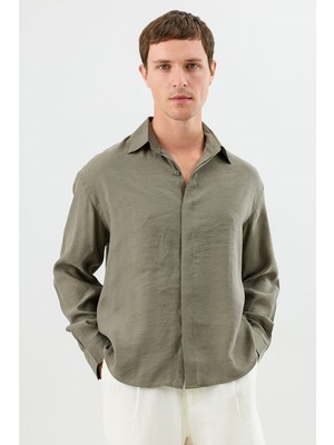 Antioch Haki Modal Karışımlı Crop Fit Erkek Gömlek