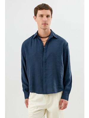 Antioch Lacivert Modal Karışımlı Crop Fit Erkek Gömlek