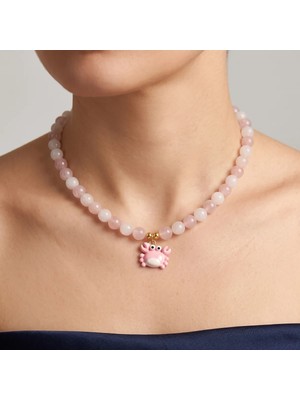 Solfera Yengeç Uçlu Burç Açık Pembe Kristal Kuvars 8mm Doğal Taş Kadın Kolye QD001