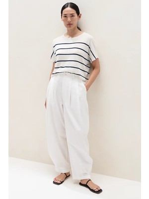 The White Company Keten Karışımlı Çizgili Omuz Detaylı Kadın Triko Tişört