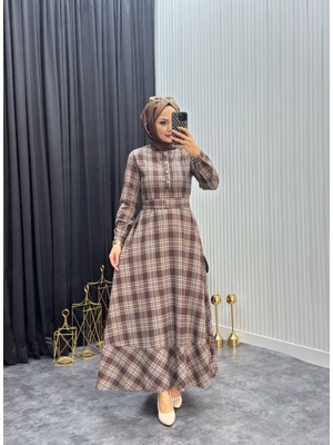 Moda Yağmur Ekose Elbise Kahverengi