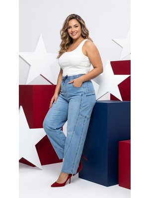 Zanessi Büyük Beden Beli Lastikli Cepli Likralı Denim Mom Kesim Kadın Pantolon