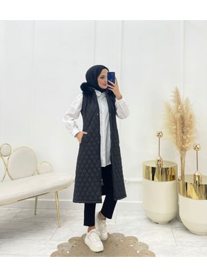 Moda Yağmur Kapitone Kürklü Yelek Siyah