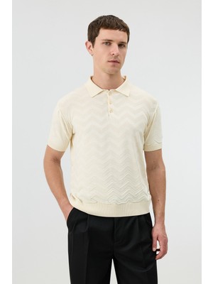 Antioch Krem Zigzag Desenli Polo Yaka Triko Erkek T-Shirt