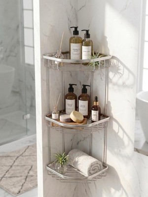 Abnturk 3 Katlı Paslanmaz Alüminyum Banyo Köşe Rafı-Duş Şampuanlık Organizer 58X28X25CM