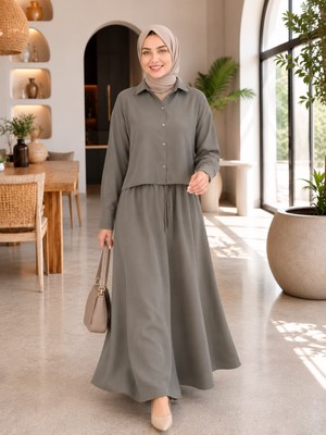 Esra Butik Haki Renk - Ince Modal Kumaş Ceketli Jile Elbise Takımı – 2 Parça Tesettür Kombin