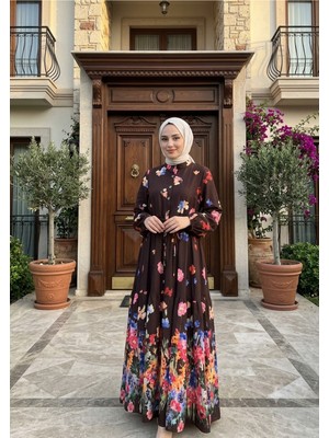 Pamuk Butik Kadın Beli Tünel Geçişli Desenli Astarlı Elbise -PMK567