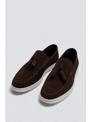 Antioch Kahve Püsküllü %100 Süet Loafer