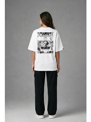 Posh Cabal A03007 Baskılı Oversize Beyaz Kadın T-Shirt