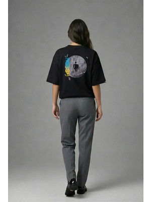Posh Cabal A02065 Baskılı Oversize Siyah Kadın T-Shirt