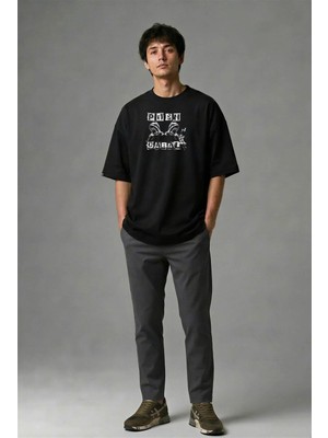 Posh Cabal F01081 Baskılı Oversize Siyah Erkek T-Shirt