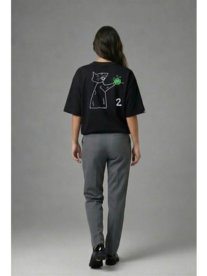 Posh Cabal A01125 Baskılı Oversize Siyah Kadın T-Shirt