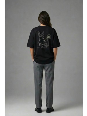 Posh Cabal A01127 Baskılı Oversize Siyah Kadın T-Shirt