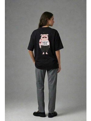 Posh Cabal A02019 Baskılı Oversize Siyah Kadın T-Shirt