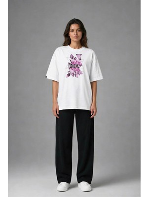 Posh Cabal F02012 Baskılı Oversize Beyaz Kadın T-Shirt