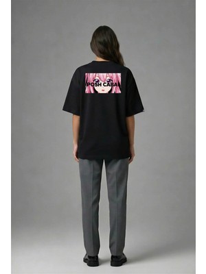 Posh Cabal A02097 Baskılı Oversize Siyah Kadın T-Shirt