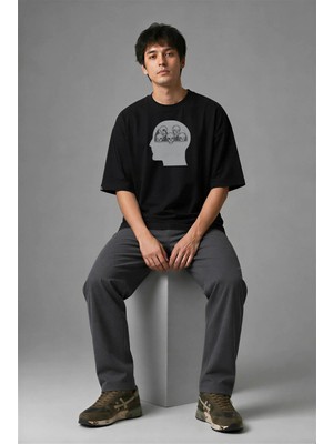 Posh Cabal F02045 Baskılı Oversize Siyah Erkek T-Shirt