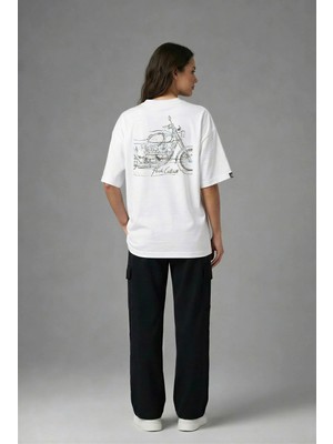 Posh Cabal A03051 Baskılı Oversize Beyaz Kadın T-Shirt