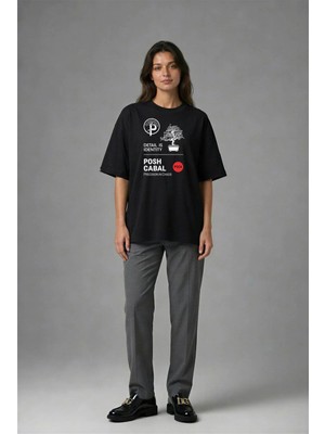 Posh Cabal F01117 Baskılı Oversize Siyah Kadın T-Shirt