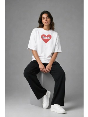 Posh Cabal F02015 Baskılı Oversize Beyaz Kadın T-Shirt