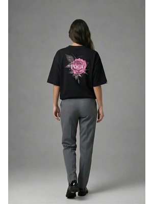 Posh Cabal A02005 Baskılı Oversize Siyah Kadın T-Shirt