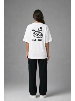 Posh Cabal A03043 Baskılı Oversize Beyaz Kadın T-Shirt