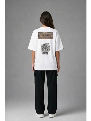 Posh Cabal A02107 Baskılı Oversize Beyaz Kadın T-Shirt