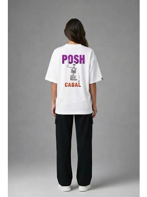 Posh Cabal A02077 Baskılı Oversize Beyaz Kadın T-Shirt
