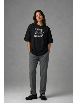 Posh Cabal F01081 Baskılı Oversize Siyah Kadın T-Shirt