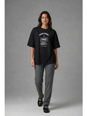 Posh Cabal F01113 Baskılı Oversize Siyah Kadın T-Shirt