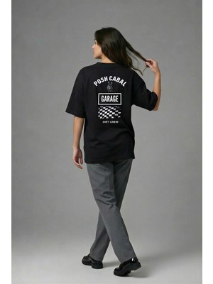 Posh Cabal A01113 Baskılı Oversize Siyah Kadın T-Shirt
