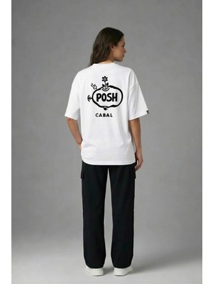 Posh Cabal A03046 Baskılı Oversize Beyaz Kadın T-Shirt
