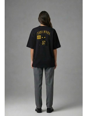 Posh Cabal A02087 Baskılı Oversize Siyah Kadın T-Shirt