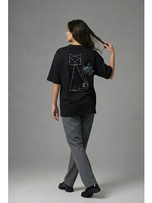 Posh Cabal A01128 Baskılı Oversize Siyah Kadın T-Shirt