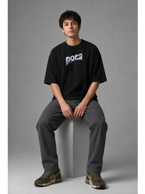 Posh Cabal F01075 Baskılı Oversize Siyah Erkek T-Shirt