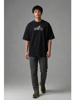 Posh Cabal F01068 Baskılı Oversize Siyah Erkek T-Shirt