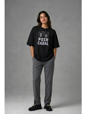Posh Cabal F01091 Baskılı Oversize Siyah Kadın T-Shirt