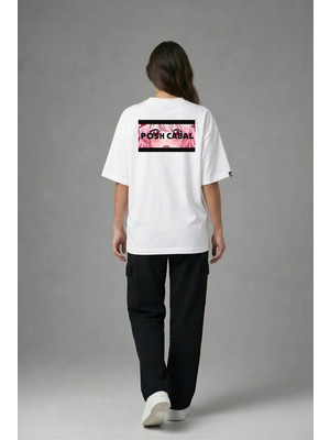 Posh Cabal A02099 Baskılı Oversize Beyaz Kadın T-Shirt
