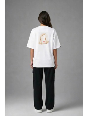 Posh Cabal A02115 Baskılı Oversize Beyaz Kadın T-Shirt
