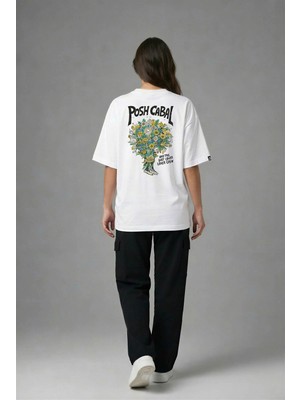 Posh Cabal A03114 Baskılı Oversize Beyaz Kadın T-Shirt