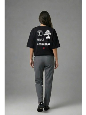 Posh Cabal A01115 Baskılı Oversize Siyah Kadın T-Shirt